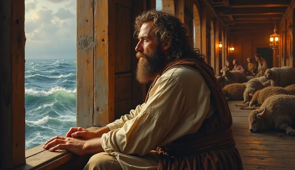 "A highly detailed oil painting in the classical style, depicting a bearded man with curly hair sitting beside a wooden window on a large ark. He wears a simple, earth-toned robe, and his face shows deep contemplation as he gazes out at the stormy sea. His...