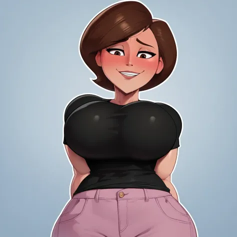 score_9, score_8_up, score_7_up, score_6_up, score_5_up, score_4_up, large breasts, black loose pants, black shirt, helen parr, elastigirl, looking down at viewer, naughty smile, seductive look, focus on face, Seductive smile, Naughty face, Embarrassed, Bl...