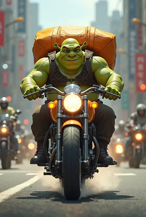 Shrek riding a motorcycle through traffic carrying a large square orange backpack at maximum speed 