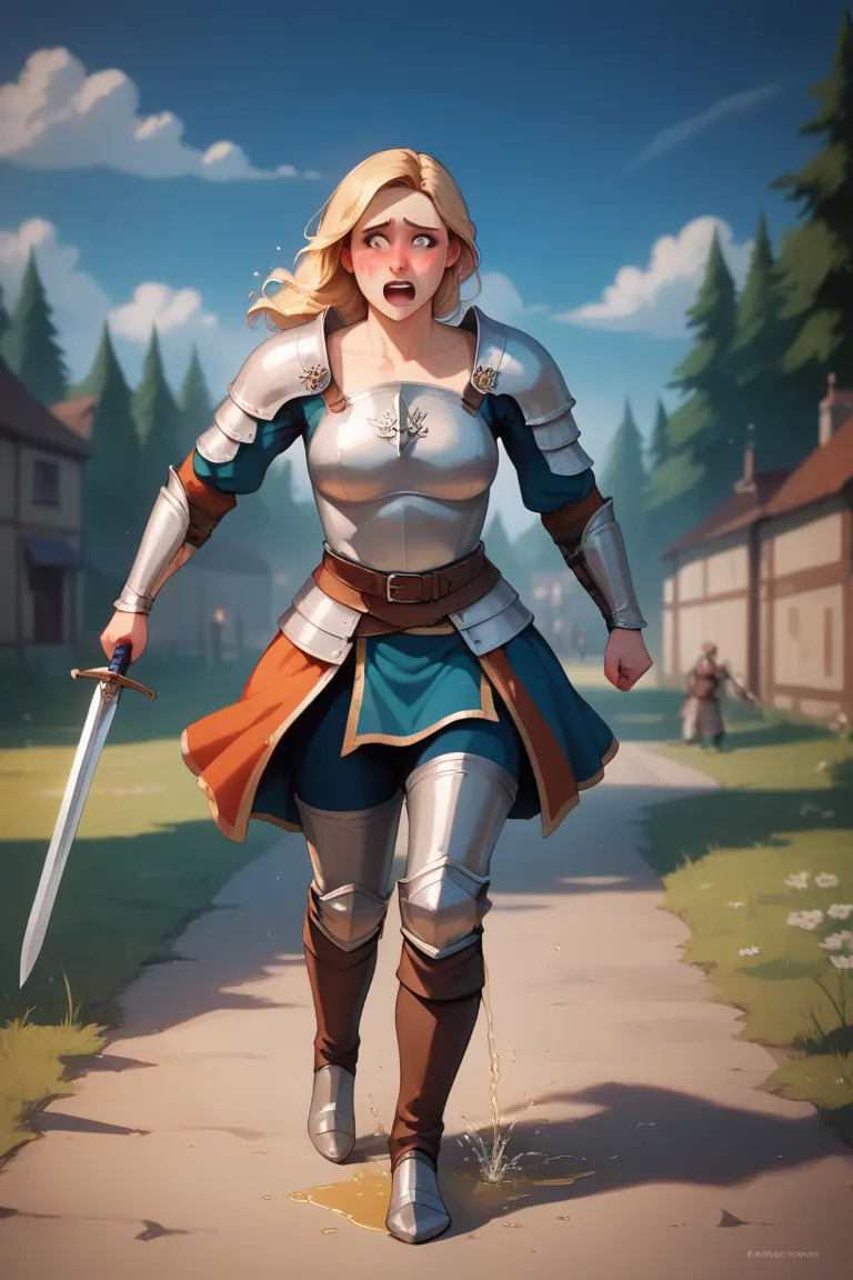 8k high resolution, best quality, 20 years old, dutch girl, blonde hair, medieval times, female mercenary, wearing a simple gambeson and rusty chestplate, battle in backround, very nervous, peeing herself, peeing her armor, pee running down her legs, wetti...