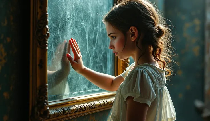 the girl touches the old mirror glass and her hand go inside the mirror and the mirro textur feels like water wiggling