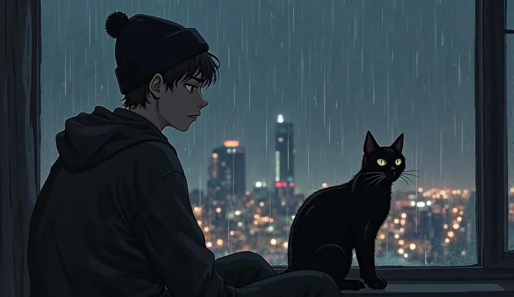 One 20s men using black beanie with Black Cat Gazing At Rainy Cityscape From Window At Night
