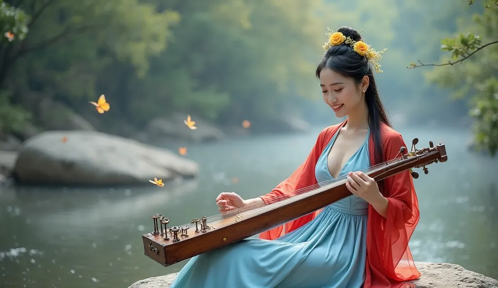 A beautiful and sexy Chinese woman wearing a traditional Chinese dress, light blue silk, sexy and elegant, with a traditional dress showing off her big and sexy breasts, with a traditional Chinese Guzheng chase, sitting on a rock by the river, with flying ...