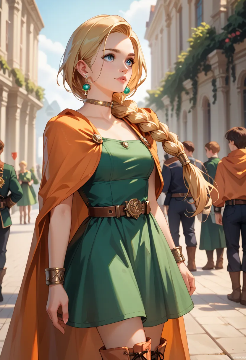 dqBianca, 1girl, single braid, hair over shoulder, earrings, choker, orange cape, green dress, belt, boots, ((high quality, high resolution)), intricate details, sharp focus, masterpiece, award-winning, cinematic lighting