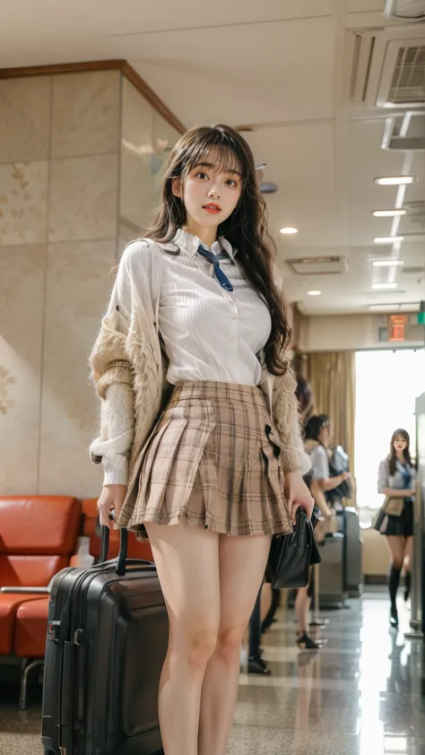 A beautiful, 24-year-old Japanese woman with perfect anatomy, healthy thighs, beautiful legs, beautiful skin, random hair color and style, large breasts, (wearing a flight attendant uniform with a mini-skirt:1.3), (she is standing:1.2), full body shot, pum...