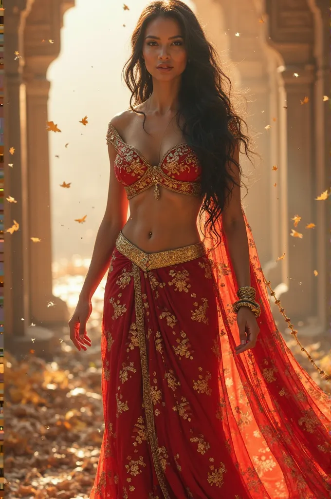 A stunning and powerful supergirl, dressed in a beautifully designed traditional Indian ghaghra-choli, perfectly fitted to her curvaceous and extremely attractive body. She has long, flowing, silky hair cascading down her back, glowing flawlessly fair skin...