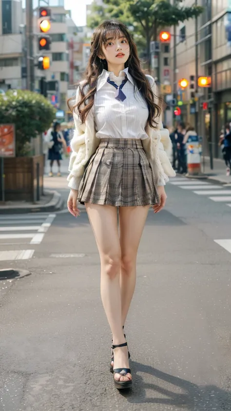 beautiful Japanese woman, 22 years old, perfect anatomy, healthy thighs, beautiful legs, beautiful skin, random hair color, random hairstyle, large breasts, female police officer, (Japanese police uniform:1.3), (miniskirt:1.3), (she is standing:1.2), full ...