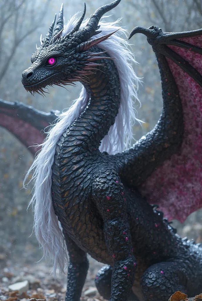 She have to look Like a  black dragon with Pink eye and White hair and with clothes 