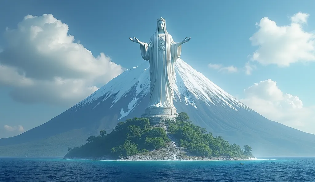 8k,Ultra HD， high quality，High resolution，Ultra HD晰，In the ocean，Huge island，The volcano's top is covered with white snow，There is a huge statue of a goddess on the island