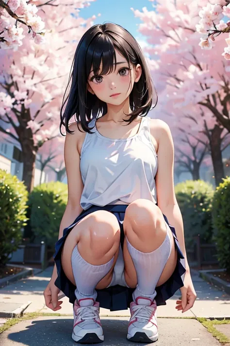 ((8k,Greatest Masterpiece,realistic images,Japanese,Perfect human anatomy,  girl )),from before, innocent face, gentle eyes,ish, short white tank top ,Short navy blue skirt, black hair, semi-long,noon, bright,Cherry Tree,Skirt that flutters in the wind, ca...