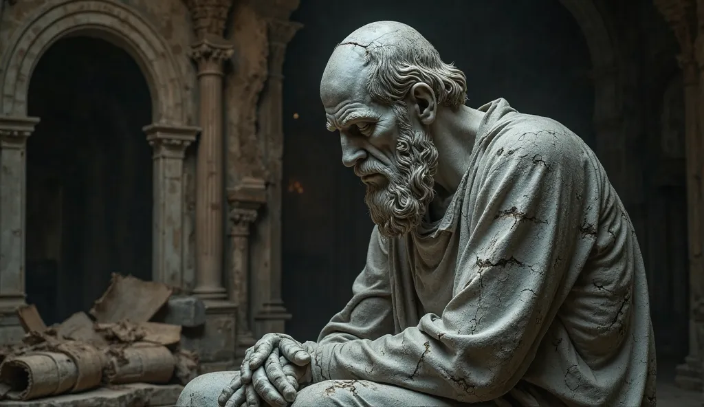 "A cinematic and impactful image of a stoic philosopher representing as a large aged plaster statue, gray in color and with cracks, symbolizing the internal struggle for true happiness. The character must be highlighted, occupying most of the image, with a...