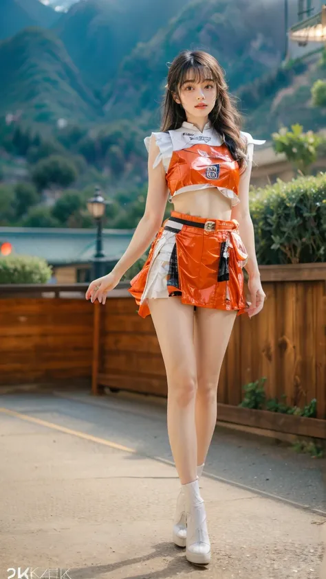 A beautiful Japanese woman, 20 years old, perfect anatomy, healthy thighs, beautiful legs, beautiful skin, random hair color, random hairstyle, large breasts, race queen, (race queen costume:1.3), zent, (she is standing:1.2), full body shot, high heels, ra...