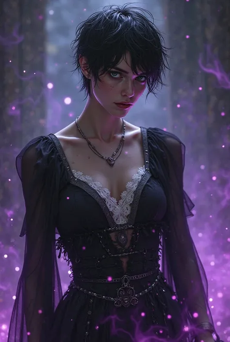 A 21-year-old knight, Lucas, transformed by a curse, short black hair messy with sweat and hinting at feminine softness, deep green eyes shifting to blue or purple hues reflecting loyalty and forbidden love, dressed in tattered black silk clothing interwov...