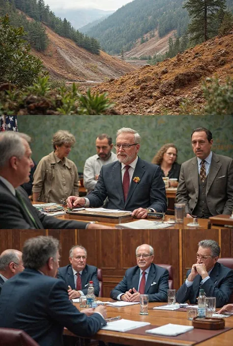 A government official signing a new mining law while environmental groups and community leaders watch.
A courtroom scene, showing a ruling against irresponsible mining practices.
A corporate board meeting, where businesses discuss ethical environmental pol...