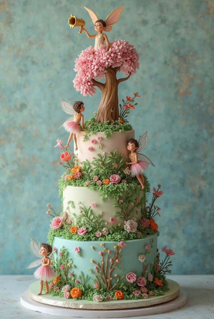 hipperrealist: 3-level cake, themed fairy tales. First pastel level decorated with an enchanted forest that has a tree that goes up to the second level of the cake. Third two fairies. At the top of the cake a Silph with a fantasy trumpet. Set in fantasy