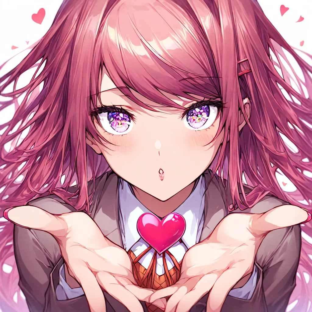 1girl, Monica, Doki Doki literature club, Blowing kiss, (masterpiece 1.7), (best_quality 1.7), (ultra-detailed 1.7), (anime_style 1.6), (vibrant_colors 1.6), (absurdres 1.7), (digital_painting 1.6), (intricate_details 1.6), (detailed_eyes 16), (dynamic_sha...