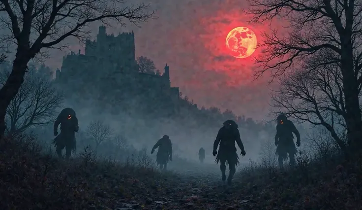 "A dark, desolate landscape at twilight, with twisted, gnarled trees casting long, ominous shadows. The moon hangs high, full and glowing blood-red, bathing the scene in an eerie light. In the distance, a ruined, ancient castle looms on a craggy hill, its ...