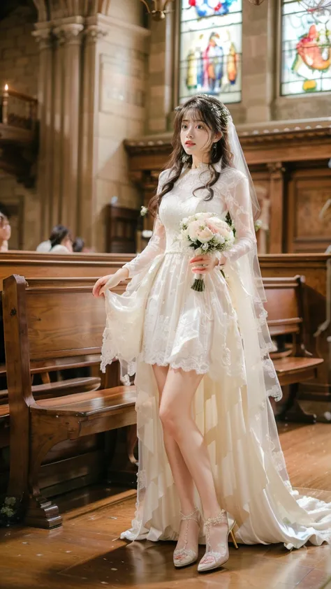 A beautiful young Japanese woman, 26 years old, with healthy thighs, beautiful legs, flawless skin, random hair color and style, large breasts, wearing a (wedding dress:1.3), (she is standing:1.2), full body shot, high heels, holding a bouquet in her hands...