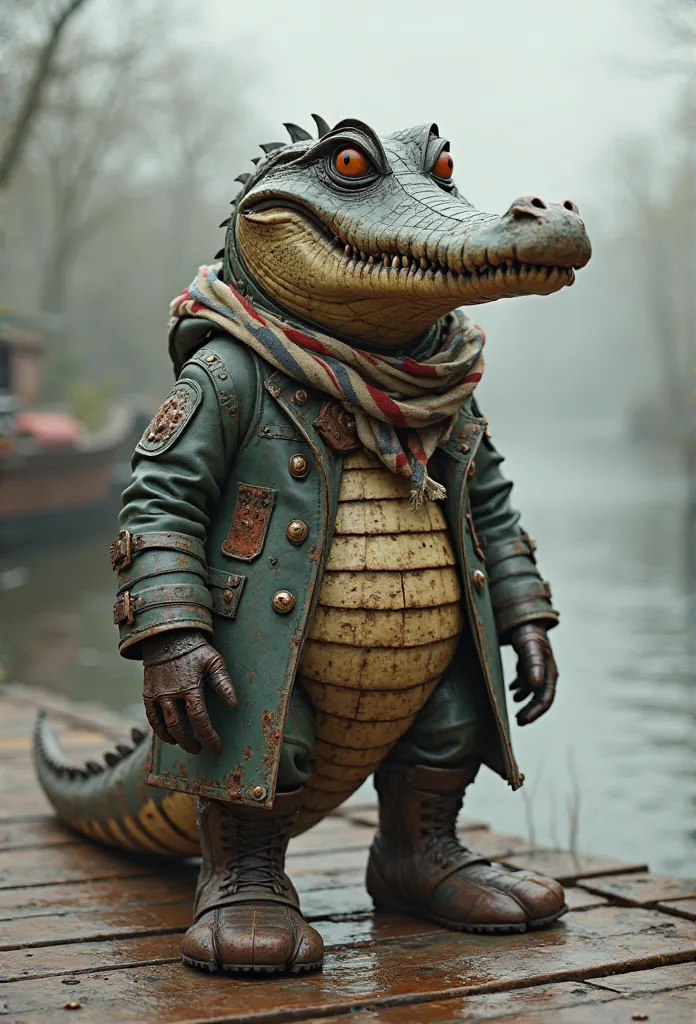 A hyper-realistic, ultra-high-definition 4K render of a bizarre yet charming creature, a vintage crocodile made entirely of old, corroded metal. Its body is primarily metal, with a slightly dulled, worn texture, showcasing signs of rust, scratches, and age...