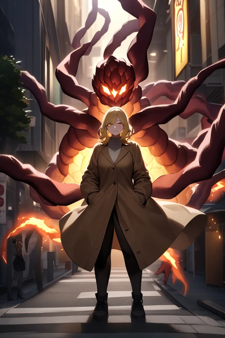 1woman, Tokyo Ghoul, Kagune, Blonde and long hair, Ghoul Eyes, Wearing a brown coat, mature woman, dawn