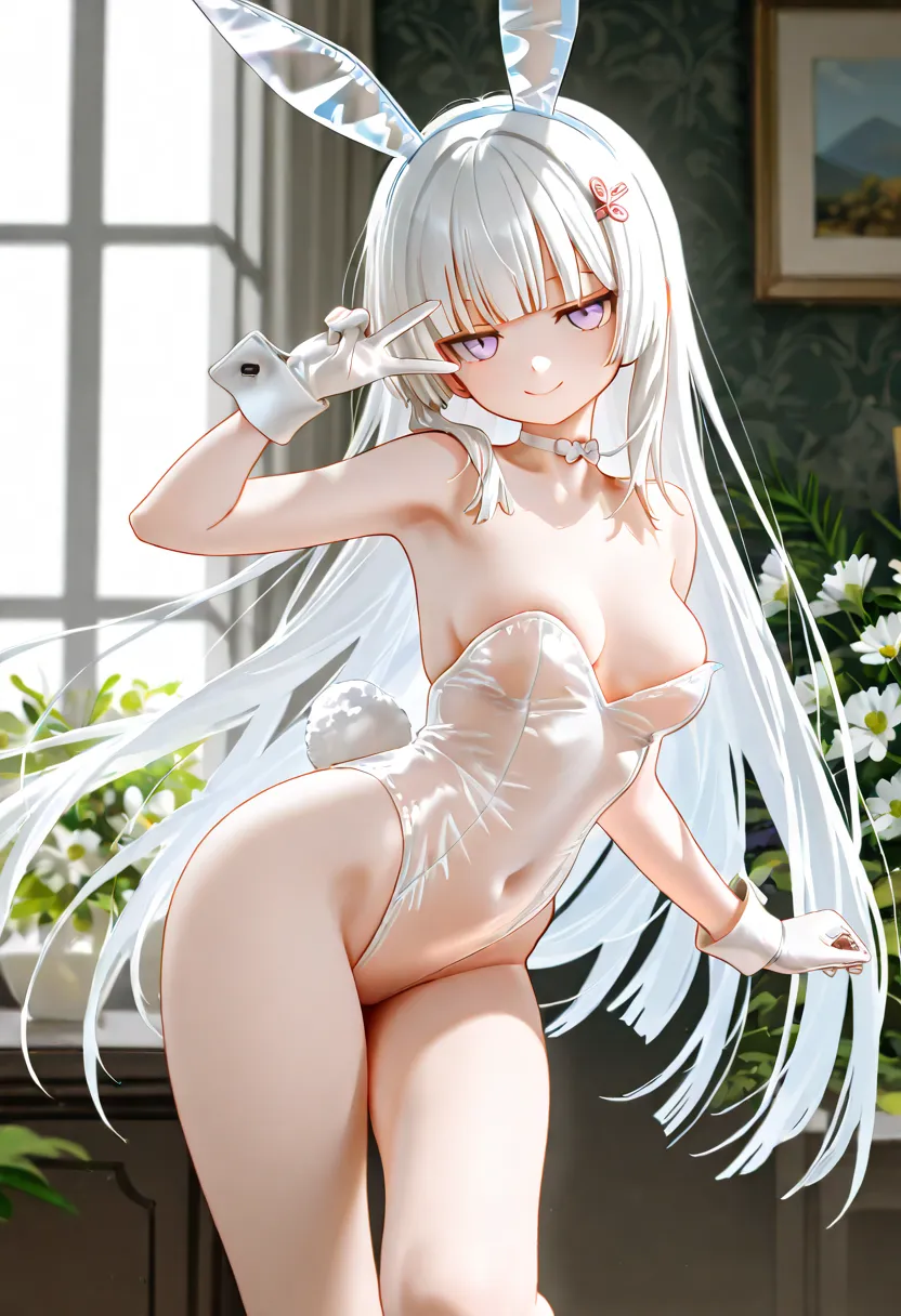 1girl, lavender eyes, jitome(0.5), clear white hair, very long straight Hair, blunt bangs, hime cut, rabbit tail, rabbit ears, meduim Breast, bunny girl, Clear glass clothes, short glove, flower pettern, Choker, bare legs, slender body, tall girl, smile, p...