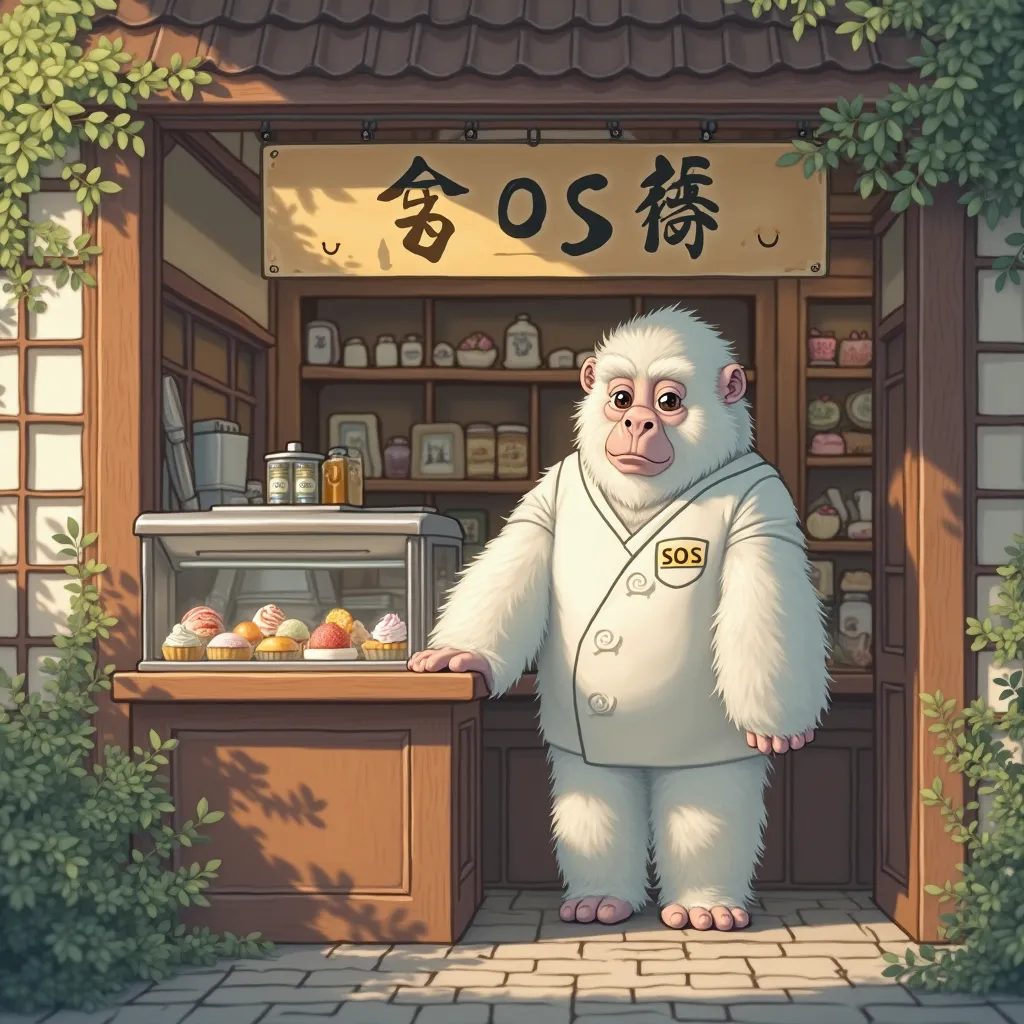 White Gorilla、are a Japanese sweets shop clerk、The letters SOS on the Japanese confectionary store sign