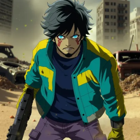 A character mysterious in a post-apocalyptic world with an anime aesthetic. He is completely covered with a turban and layers of fabric that wrap around his face and body, completely hiding his identity. His clothing retains the green and yellow tones of h...