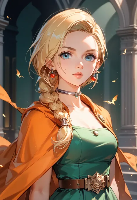 (dqBianca), A stunning anime girl, single braid, hair over shoulder, earrings, choker, orange cape, green dress, belt, boots, ((high quality, high resolution)), intricate details, sharp focus, masterpiece, award-winning, cinematic lighting