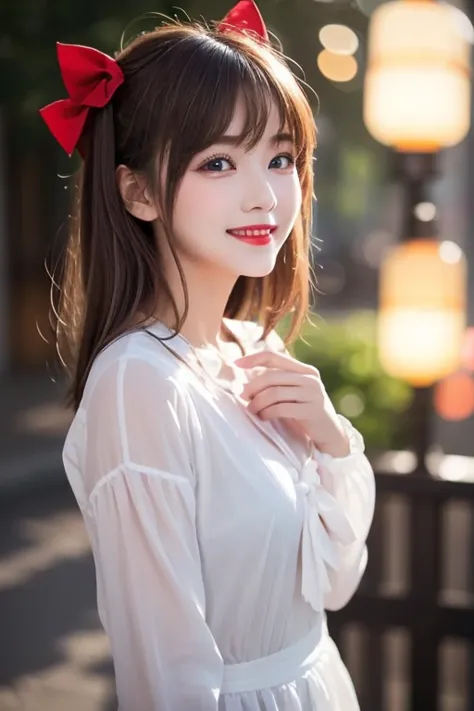 ( very delicate and beautiful: 1.2),  1 girl, bangs, blue eyes, Blur, Blur background, bow,  tea hair, shut up, Side View,  hair between eyes , hair bow,  lantern,  light particles,   long sleeve ,  watch the audience,  medium hair ,   knight , red bow, Al...