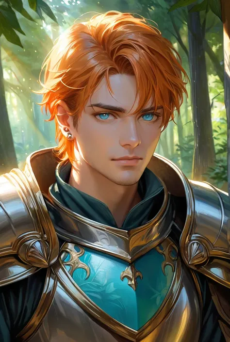 Orange haired man with turquoise eyes wearing medieval armor and a handsome face in a forest