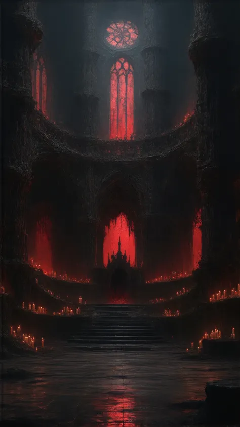 "A grand gothic throne room with towering arches, intricate carvings, and massive stained-glass windows glowing ominously red. The dark stone walls are adorned with elaborate engravings, creating an eerie and regal atmosphere. A magnificent black throne wi...