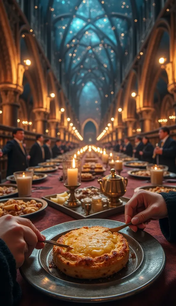 A realistic POV image of dining as a Hogwarts wizard in the Great Hall at night, your hands slicing into a steaming shepherd’s pie on a pewter plate. The table is covered with platters of roast beef, floating tureens of soup, and desserts glowing faintly w...