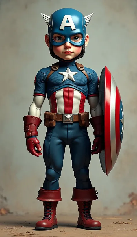 The skinny Captain America wears a complete costume with his helmet looking too big.