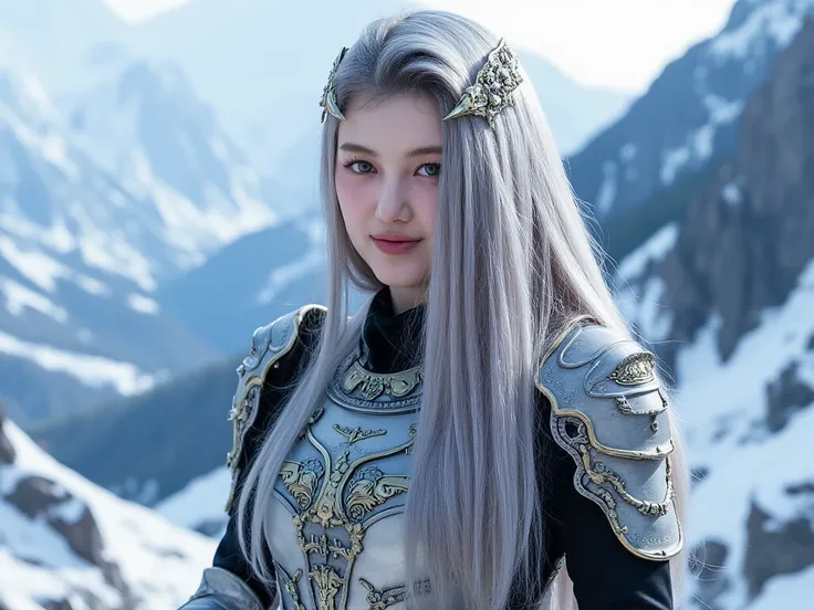  swords woman,seductive smile, silver hair ,blue eyes, holding sword, lips ,long hair, looking at viewer, mountain, snow ,solo ,sword ,water, weapon, wind ,winter, sword,(Portrait),Unreal Engine 5 rendering works,(Digital Photography),((Portrait Feature:1....