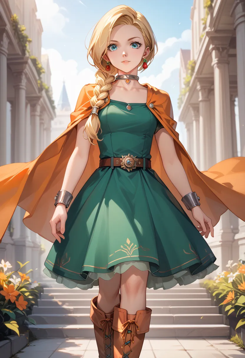 score_9, score_8_up, score_7_up, score_6_up, score_5_up, score_4_up, source anime, (dqBianca), A stunning anime girl, single braid, hair over shoulder, earrings, choker, orange cape, green dress, belt, boots, ((high quality, high resolution)), intricate de...