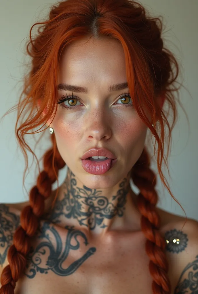 Portrait of a super model, braided red hair, sticking her tongue out, tongue piercing, cat’s eyes, brilliant eyes, full lips, lots of freckles, photorealistic, Chinese character tatttoos