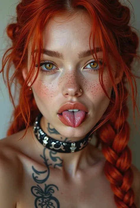 Portrait of a super model, braided red hair, sticking her tongue out, tongue piercing, cat’s eyes, brilliant eyes, full lips, lots of freckles, photorealistic, Chinese character tatttoos