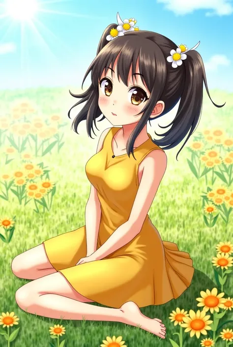 ultra detailed, sharp focus, best quality, masterpiece, colorful,   tadokoro megumi, yellow dress twintails, sitting on the ground, 1 girl, flower field, flowers in hair best quality, masterpiece, intricate details