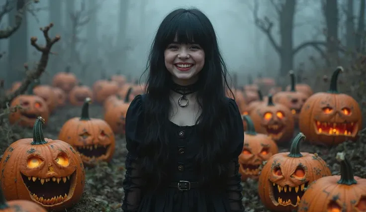 A joyful goth girl with long jet black hair and bangs, wearing a dark gothic dress and a choker. She stands in a foggy, eerie landscape, surrounded by grotesque horror pumpkins with twisted, lifelike features—sharp jagged teeth, sinister grins, glowing men...