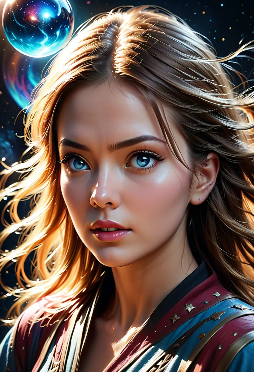 A beautiful female astrologer, detailed face and eyes, intricate star-patterned robe, holding a crystal ball, cosmic background, (best quality,4k,8k,highres,masterpiece:1.2),ultra-detailed,(realistic,photorealistic,photo-realistic:1.37),fantasy art,cinemat...