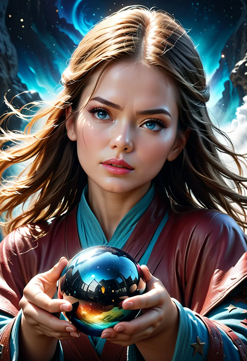 A beautiful female astrologer, detailed face and eyes, intricate star-patterned robe, holding a crystal ball, cosmic background, (best quality,4k,8k,highres,masterpiece:1.2),ultra-detailed,(realistic,photorealistic,photo-realistic:1.37),fantasy art,cinemat...