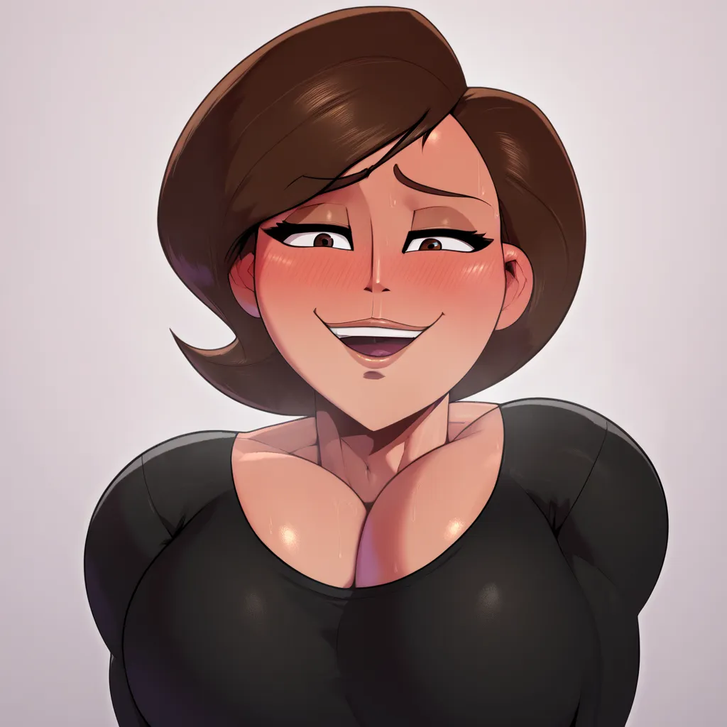 score_9, score_8_up, score_7_up, score_6_up, score_5_up, score_4_up, large breasts, black loose pants, black shirt, helen parr, elastigirl, looking down at viewer, naughty smile, seductive look, focus on face, Seductive smile, Naughty face, Embarrassed, Bl...