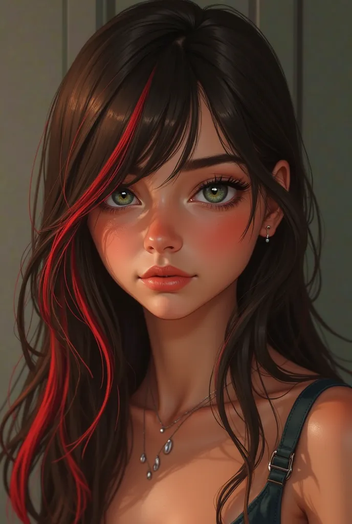 "A 16-year-old beautiful girl with olive skin and long, straight dark brown hair featuring striking bright red streaks. She has stylish side bangs framing her face. Her eyes are stunning earth-toned - a mix of blue and green, deep and expressive, with dark...