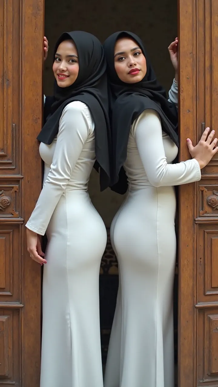 (2 girls:1.2), (double exposure), back view, (full body), (two mature teachers standing side by side behind wooden door), ((both 20 year old)), ( arab women), curvy fit body shapes, very huge breasts ,bigger ass, giga_busty, huge thighs, round ass, protrud...