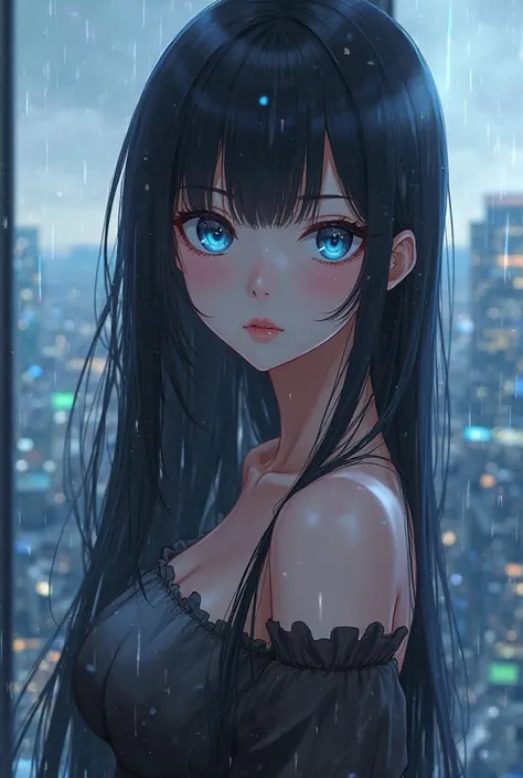 An anime girl with long, black Hime hair with bangs, icy blue eyes in a luxury, modern Penthouse, cloudy raining outside