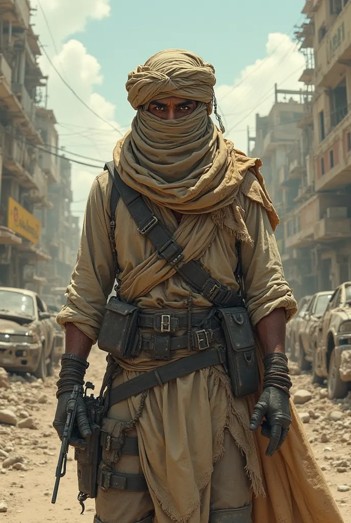 A character mysterious in a post-apocalyptic world with an anime aesthetic. It is completely covered by layers of worn fabrics and a turban That hides his face, ensuring that his identity remains anonymous.  his clothes are simple , made of dirty and aged ...