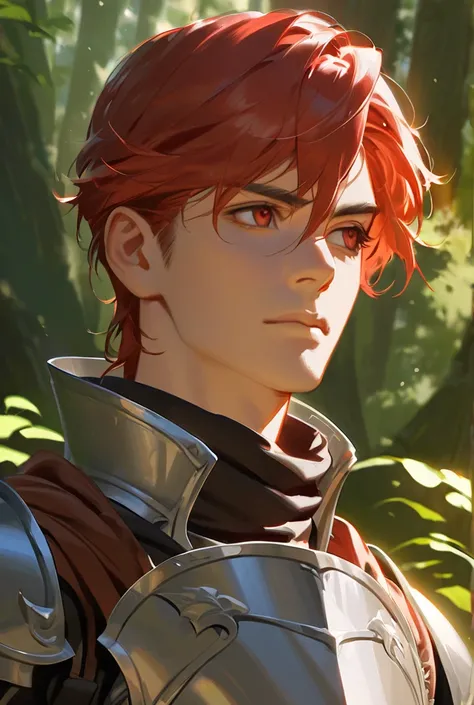 Red haired man with red eyes wearing medieval armor and a handsome face in a forest
