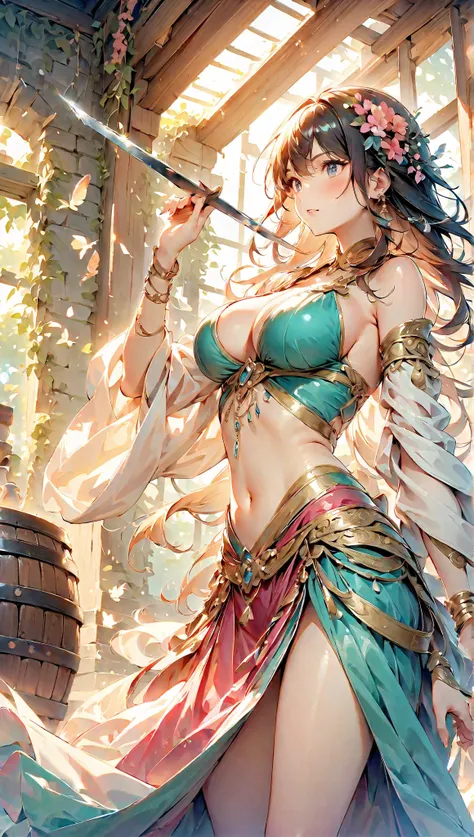 a girl,18 years old,sword in your hand,she challenges  to a fight,She is dressed as a female dancer.big breasts,ready a sword,An illustration,animation,Enchanting,Beautiful and cool,Neutral facial features,Empty sake barrel,Dancer's costume:detailed,Wide r...