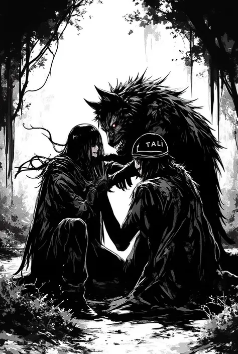 werewolf wrestling with 3 people dressed as gangsters, manga style, black and white, comic style, Junji Ito manga style, uncomfortable and disturbing, high contrast black and white with many shadows, retro anime, classic anime