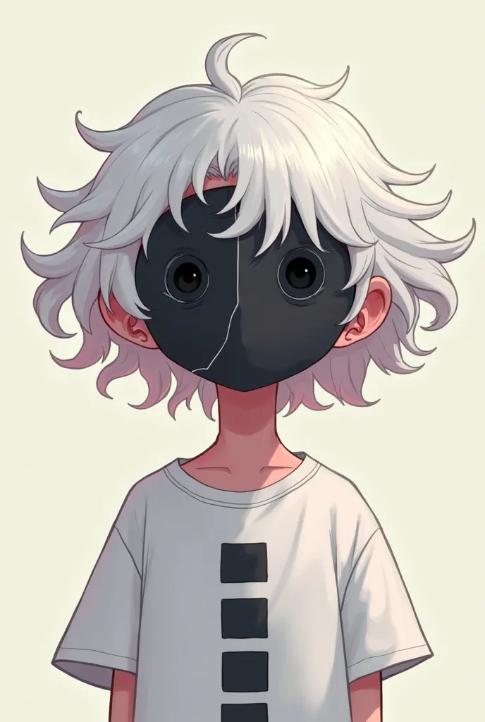 An animated cartoon-style male character with wavy white hair,a half-broken mask covering her entire face ,and a white shirt with black details in the middle